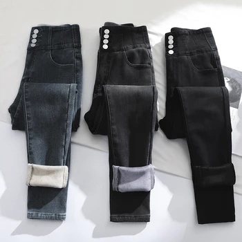 Super Cintura Alta Breasted Jeans Do Inverno Das Mulheres Engrossar Quente Elástico Fino De Lápis, Calças De Veludo, Calças Jeans Femininas Quente Jean 129