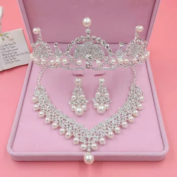 TREAZY de Luxo Imitar Pérolas de Cristal de Jóias de Casamento Conjunto Colar +Brincos +Tiara de Coroa de Jóias de Noiva Conjunto de Acessórios femininos
