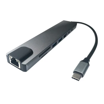 USB C Hub USB Adaptador ca 8-Em-1 Hub USB-C para RJ45 Portas USB 3.0 SD/TF Leitor de Cartão de USB C PD Carga Rápida para