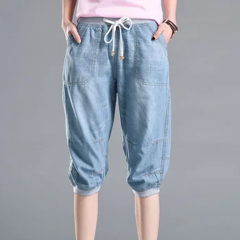 Verão Capris Jeans Para Mulheres Streetwear Bezerro Comprimento De Calças De Harém Mulher Solta Cintura Alta Jeans Calça Casual Calças Femininas