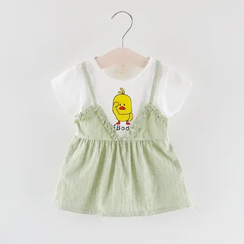 Verão Novo Pato Impresso Casual Crianças Bebê, Vestidos de Roupas de Meninas de manga Curta Bonito Macio Roupas de Algodão Vestido de Princesa