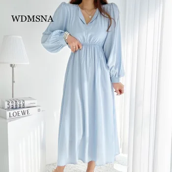 WDMSNA coreano Chique de Outono, Cor Sólida Moda Vestidos Temperamento Lapela da Camisa de Vestido Mulher Manga Longa Slim Cintura de Uma linha de Manto