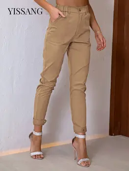 Yissang Sólido Inclinação Bolso De Calças De Streetwear Mulheres Casual Calças Punk Harém Calças Com Bolsos Feminino Calças Compridas, Calças De Senhoras